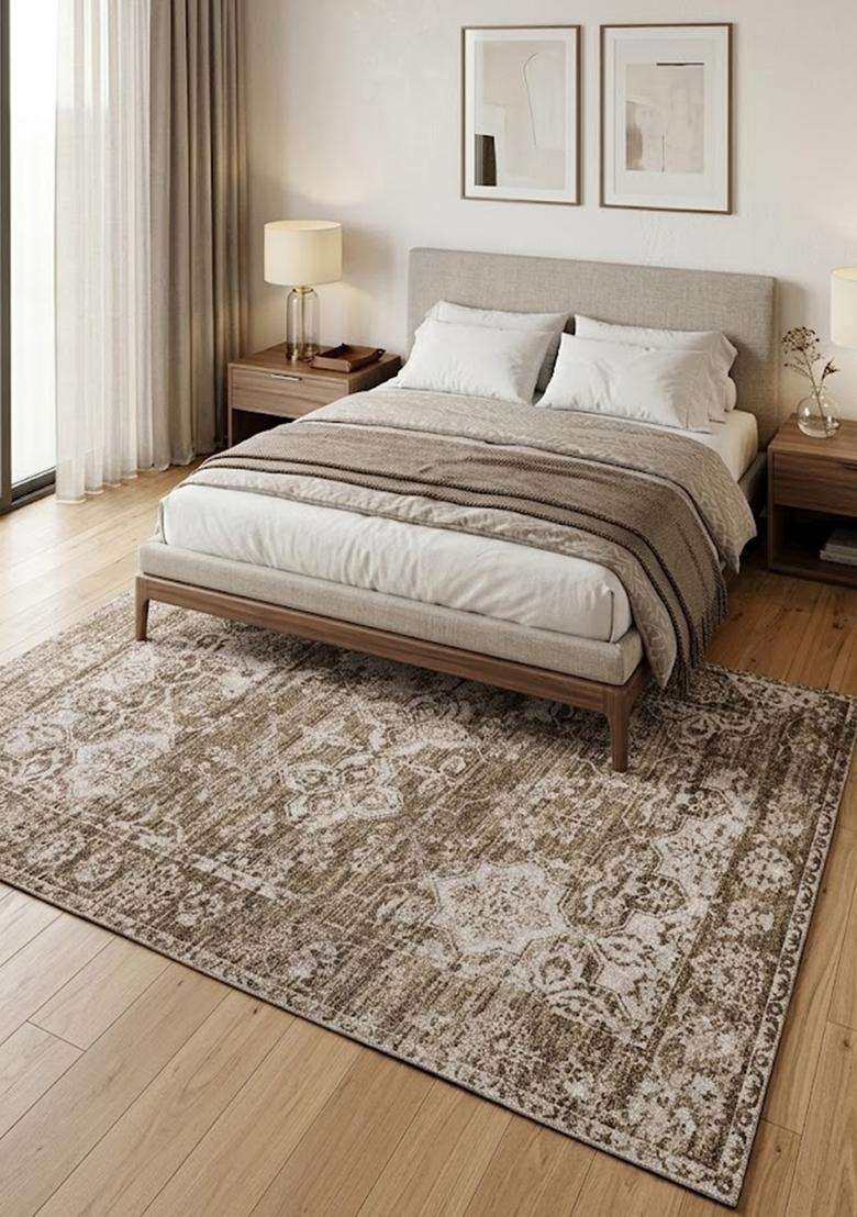 Saffron Rugs Wool Flat Weave TPR Backing Machine Washable Rectangular Rug  Non Slip | Brown Taupe Vintage Floral Carpet for Living Room - Indya