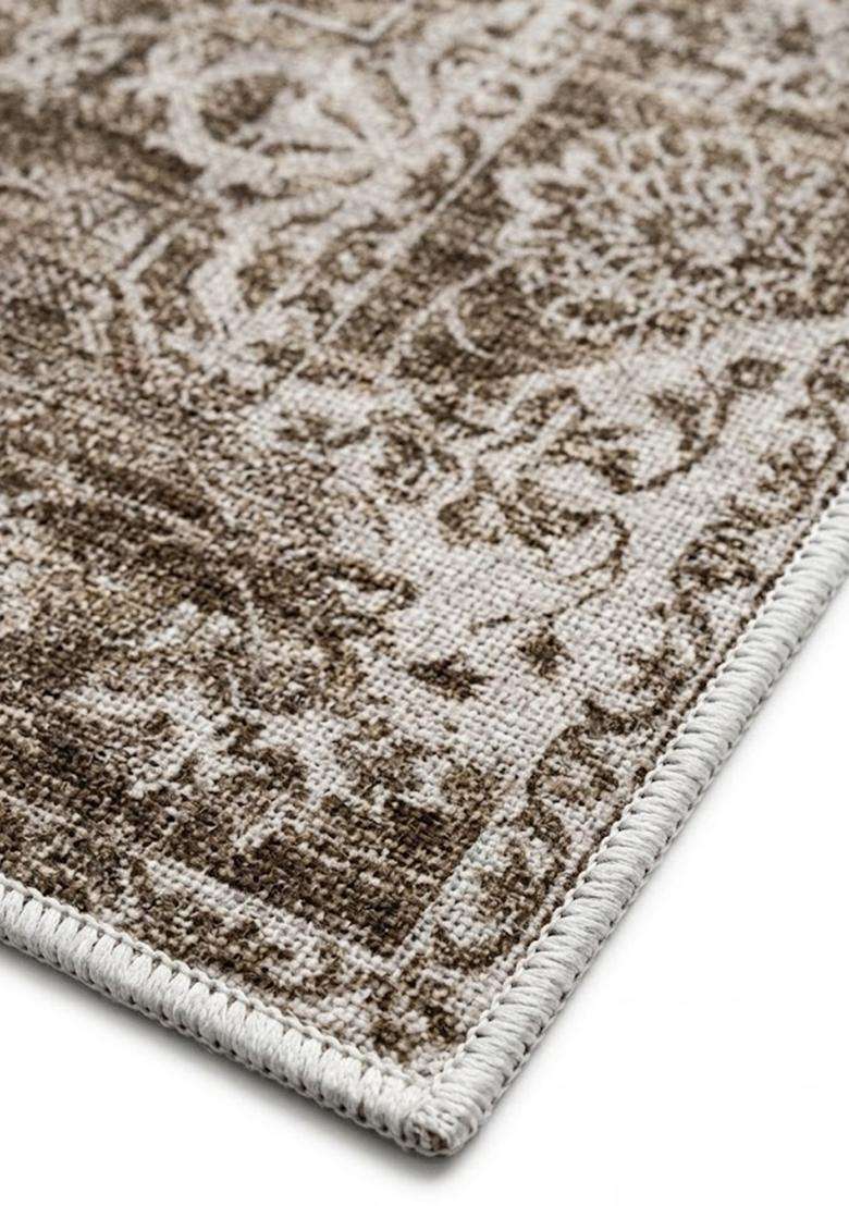 Saffron Rugs Wool Flat Weave TPR Backing Machine Washable Rectangular Rug  Non Slip | Brown Taupe Vintage Floral Carpet for Living Room - Indya