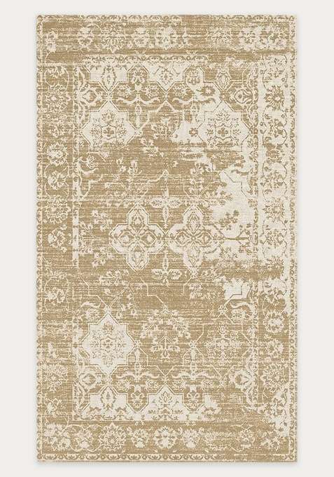 Washable Rugs Wool Blend Area Rug | Warm Tan Beige Vintage Floral Non Slip Carpet For Living Room