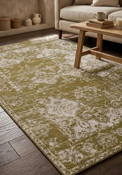 Saffron Rugs Wool Flat Weave TPR Backing Machine Washable Rectangular Rug | Water Repellent Non Slip | Olive Green Vintage Floral Carpet for Living Room