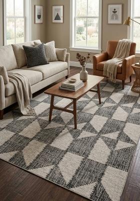 Saffron Rugs Hand Tufted Charcoal Grey Geometric Contemporary Rectangular Wool Area Rug