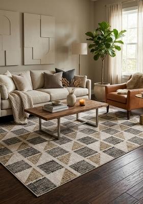 Saffron Rugs Hand Tufted Beige Gold Grey Geometric Contemporary Rectangular Wool Area Rug
