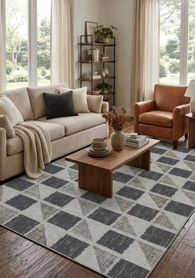 Saffron Rugs Hand Tufted Charcoal Grey Geometric Contemporary Rectangular Wool Area Rug