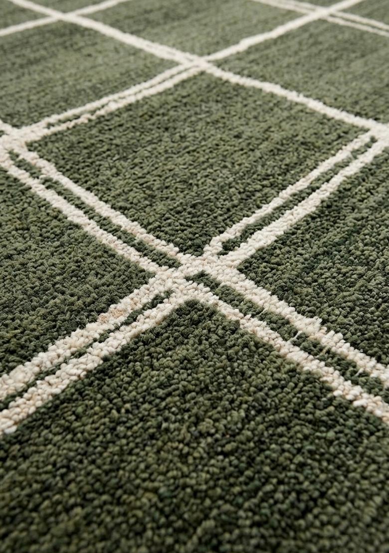 Saffron Rugs Hand Tufted Olive Green Checkered Transitional Rectangular Wool Area Rug - Indya