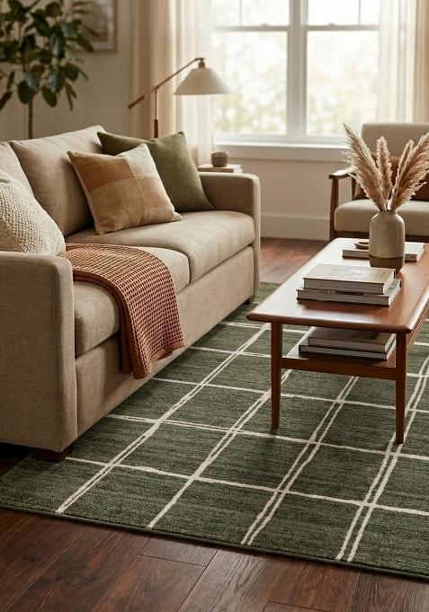 Saffron Rugs Wool Flat Weave TPR Backing Machine Washable Rectangular Rug | Water Repellent Non Slip | Olive Green Transitional Checkered Carpet for Living Room