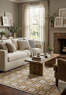 Saffron Rugs Hand Tufted Gold Beige Trellis Transitional Rectangular Wool Area Rug