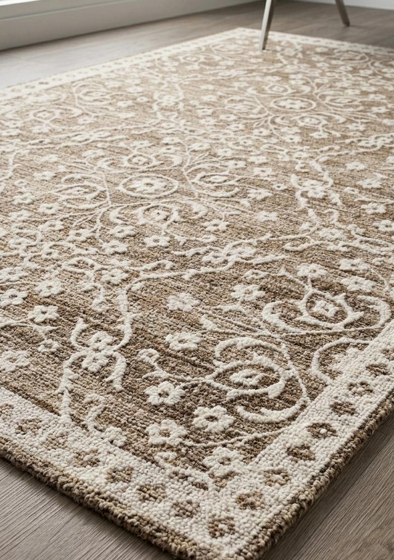 Saffron Rugs Hand Tufted Taupe Brown Floral Transitional Rectangular Wool Area Rug - Indya