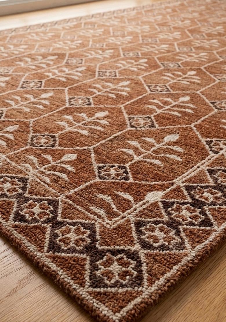 Saffron Rugs Hand Tufted Rust Terracotta Trellis Transitional Rectangular Wool Area Rug - Indya