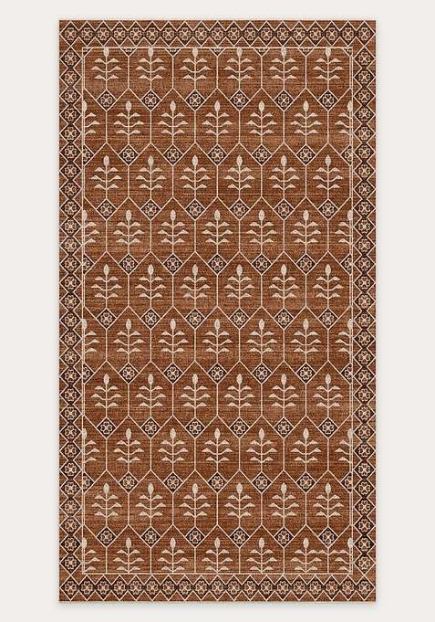 Washable Rugs Wool Blend Area Rug | Rust Terracotta Transitional Trellis Non Slip Carpet For Living Room