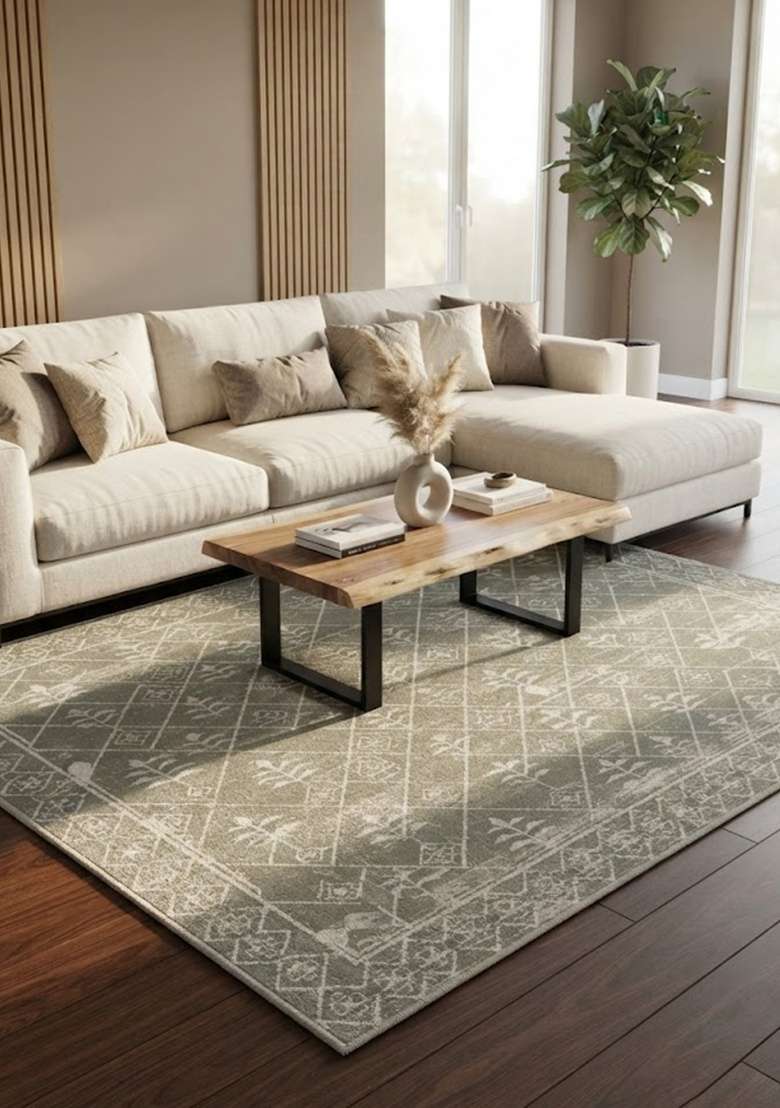 Saffron Rugs Wool Flat Weave TPR Backing Machine Washable Rectangular Rug  Non Slip | Sage Green Transitional Trellis Carpet for Living Room - Indya