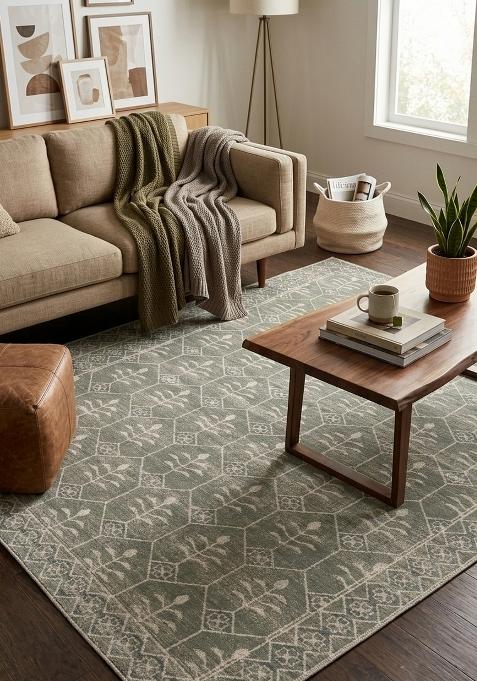 Saffron Rugs Wool Flat Weave TPR Backing Machine Washable Rectangular Rug | Water Repellent Non Slip | Sage Green Transitional Trellis Carpet for Living Room