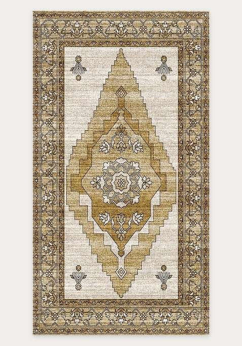 Washable Rugs Wool Blend Area Rug | Golden Beige Oriental Geometric Non Slip Carpet For Living Room