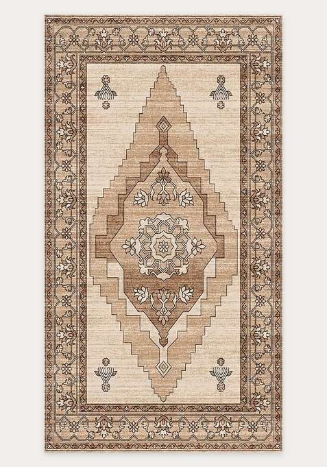 Washable Rugs Wool Blend Area Rug | Beige Oriental Geometric Non Slip Carpet For Living Room