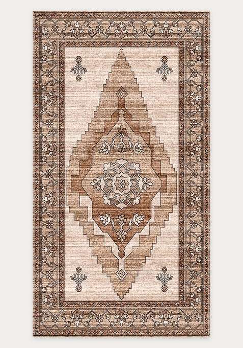 Washable Rugs Wool Blend Area Rug | Warm Beige Brown Oriental Geometric Non Slip Carpet For Living Room