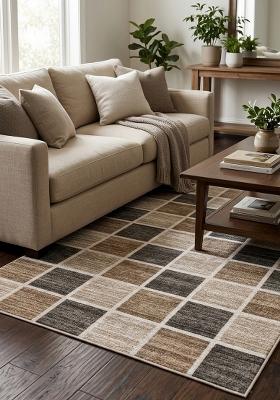 Saffron Rugs Hand Tufted Beige Brown Grey Checkered Contemporary Rectangular Wool Area Rug