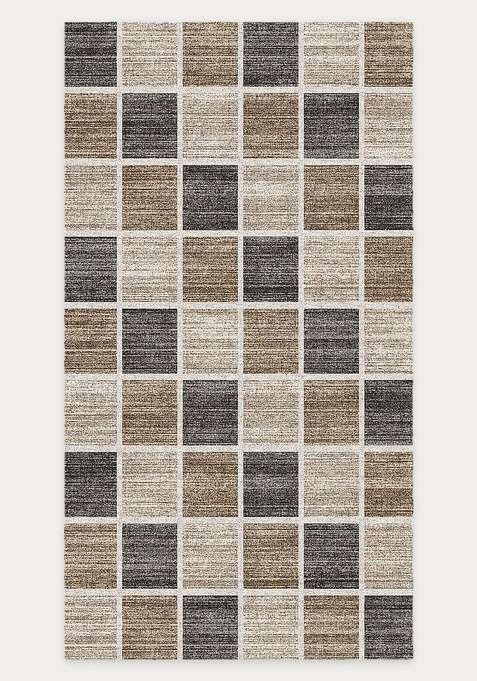 Washable Rugs Wool Blend Area Rug | Beige Brown Grey Contemporary Checkered Non Slip Carpet For Living Room