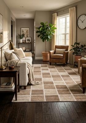 Saffron Rugs Hand Tufted Brown Beige Checkered Contemporary Rectangular Wool Area Rug