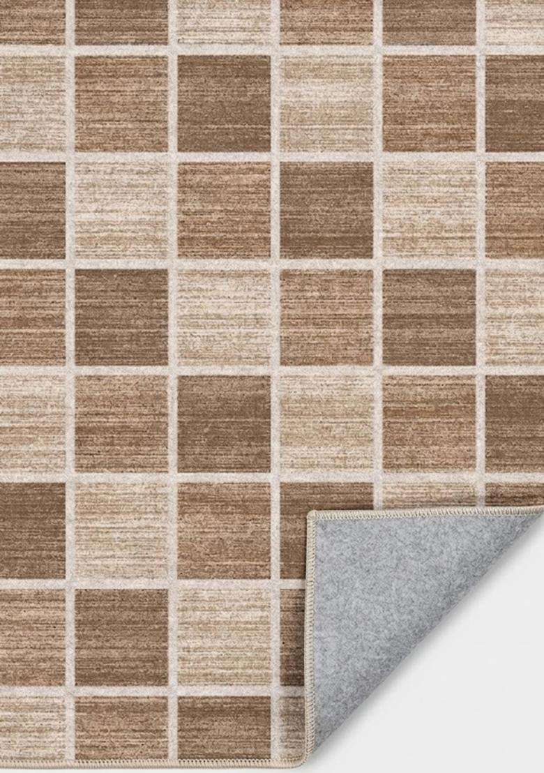 Saffron Rugs Wool Flat Weave TPR Backing Machine Washable Rectangular Rug  Non Slip | Brown Beige Contemporary Checkered Carpet for Living Room - Indya