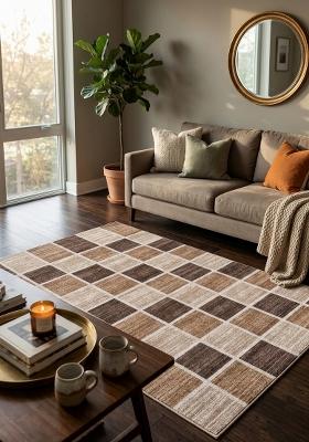 Saffron Rugs Hand Tufted Beige Checkered Contemporary Rectangular Wool Area Rug