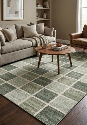 Saffron Rugs Hand Tufted Sage Green Checkered Contemporary Rectangular Wool Area Rug