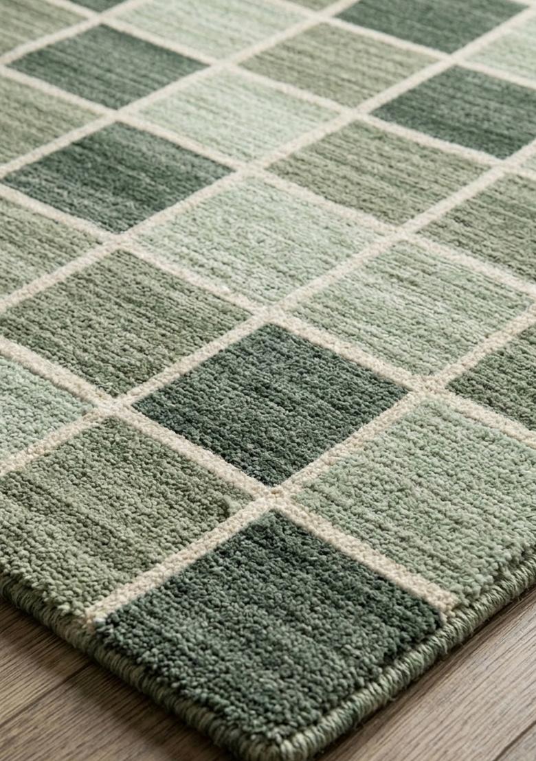 Saffron Rugs Hand Tufted Sage Green Checkered Contemporary Rectangular Wool Area Rug - Indya