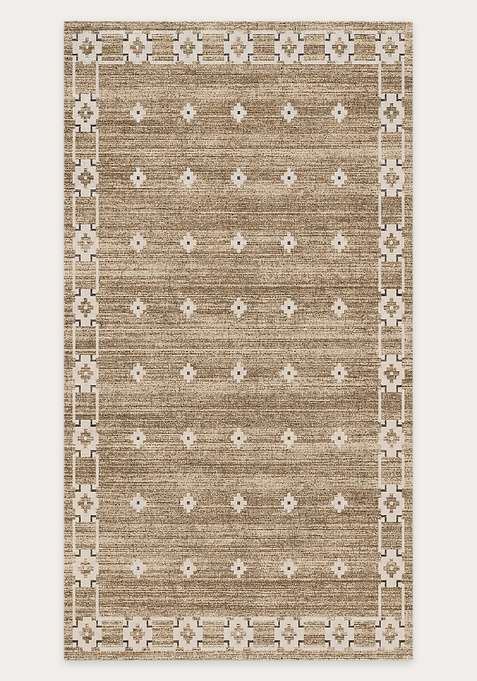 Washable Rugs Wool Blend Area Rug | Warm Tan Brown Bohemian Geometric Non Slip Carpet For Living Room