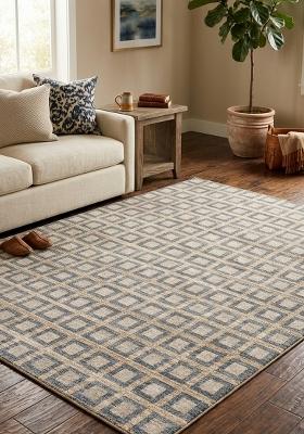Saffron Rugs Hand Tufted Blue Beige Geometric Transitional Rectangular Wool Area Rug