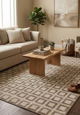 Saffron Rugs Hand Tufted Beige Grey Geometric Transitional Rectangular Wool Area Rug