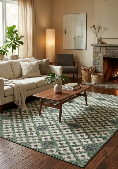 Saffron Rugs Wool Flat Weave TPR Backing Machine Washable Rectangular Rug | Water Repellent Non Slip | Sage Green Transitional Floral Carpet for Living Room
