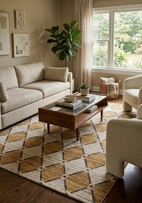 Saffron Rugs Hand Tufted Golden Tan Trellis Contemporary Rectangular Wool Area Rug