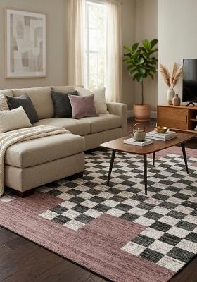 Saffron Rugs Hand Tufted Black Cream Mauve Checkered Transitional Rectangular Wool Area Rug
