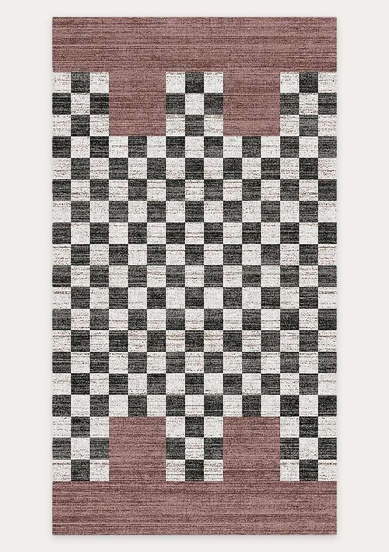 Washable Rugs Wool Blend Area Rug | Black Cream Mauve Transitional Checkered Non Slip Carpet For Living Room - Indya