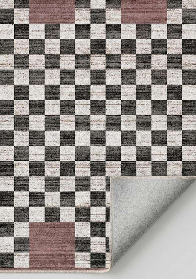 Washable Rugs Wool Blend Area Rug | Black Cream Mauve Transitional Checkered Non Slip Carpet For Living Room - Indya