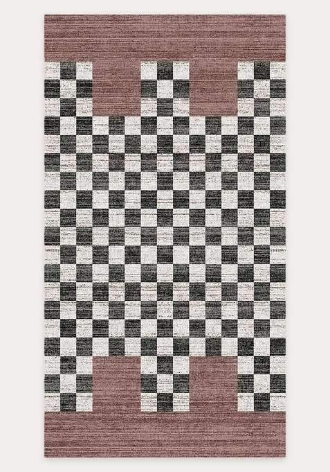 Washable Rugs Wool Blend Area Rug | Black Cream Mauve Transitional Checkered Non Slip Carpet For Living Room