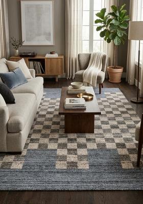 Saffron Rugs Hand Tufted Blue Grey Checkered Transitional Rectangular Wool Area Rug