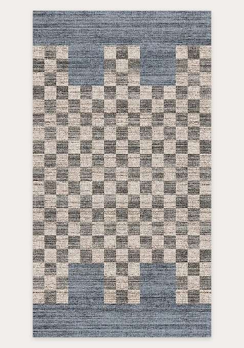 Washable Rugs Wool Blend Area Rug | Blue Grey Transitional Checkered Non Slip Carpet For Living Room