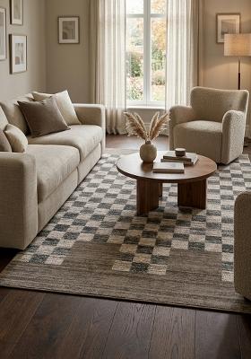 Saffron Rugs Hand Tufted Grey Beige Checkered Transitional Rectangular Wool Area Rug