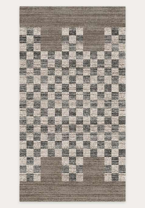 Washable Rugs Wool Blend Area Rug | Grey Beige Transitional Checkered Non Slip Carpet For Living Room