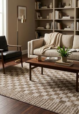 Saffron Rugs Hand Tufted Tan Brown Checkered Contemporary Rectangular Wool Area Rug