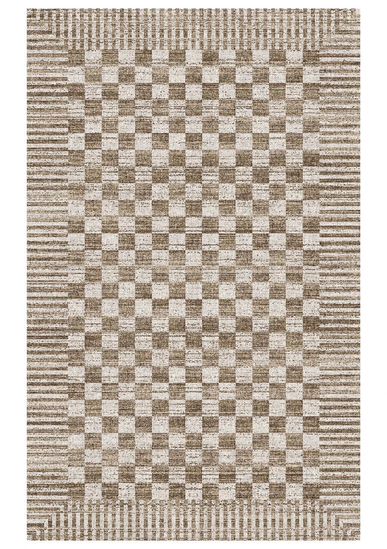 Saffron Rugs Hand Tufted Tan Brown Checkered Contemporary Rectangular Wool Area Rug - Indya