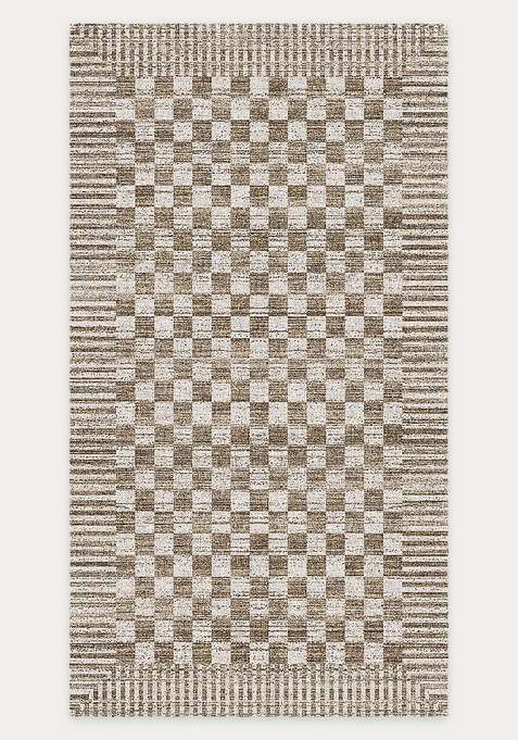 Washable Rugs Wool Blend Area Rug | Tan Brown Contemporary Checkered Non Slip Carpet For Living Room