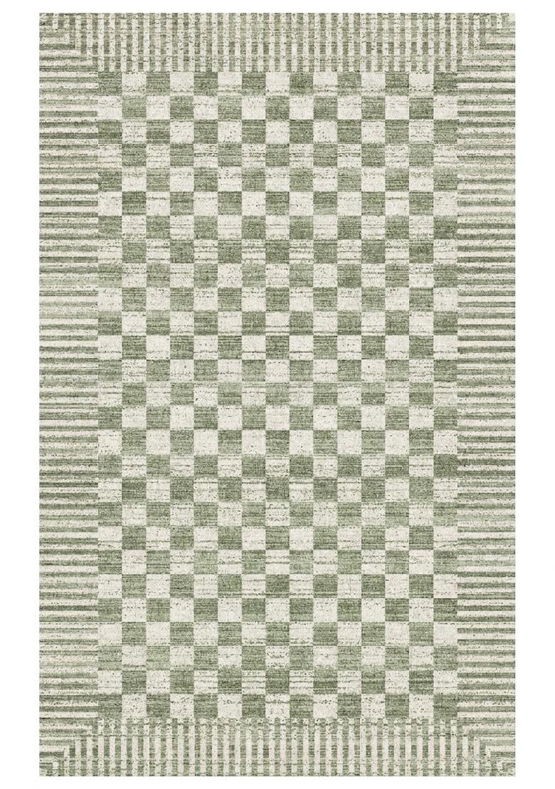 Saffron Rugs Hand Tufted Sage Green Checkered Contemporary Rectangular Wool Area Rug - Indya