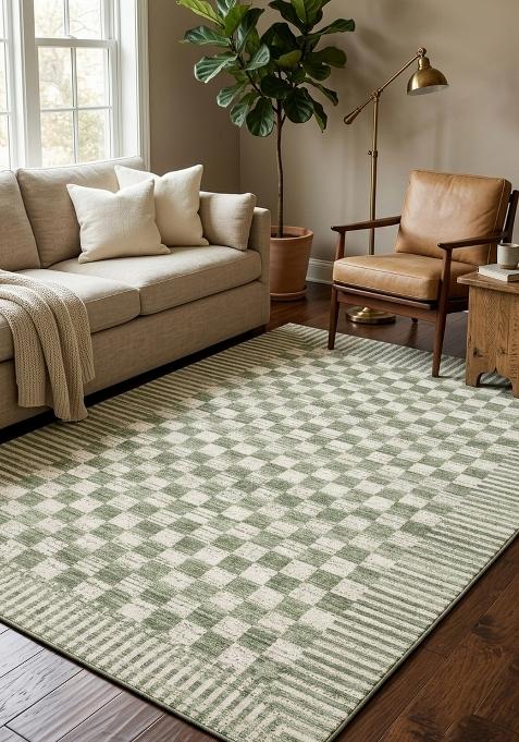 Saffron Rugs Wool Flat Weave TPR Backing Machine Washable Rectangular Rug | Water Repellent Non Slip | Sage Green Contemporary Checkered Carpet for Living Room