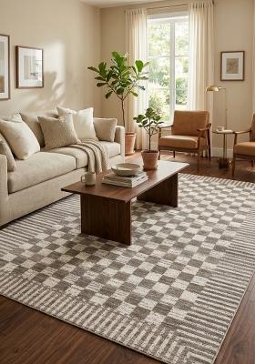 Saffron Rugs Hand Tufted Warm Grey Beige Checkered Contemporary Rectangular Wool Area Rug