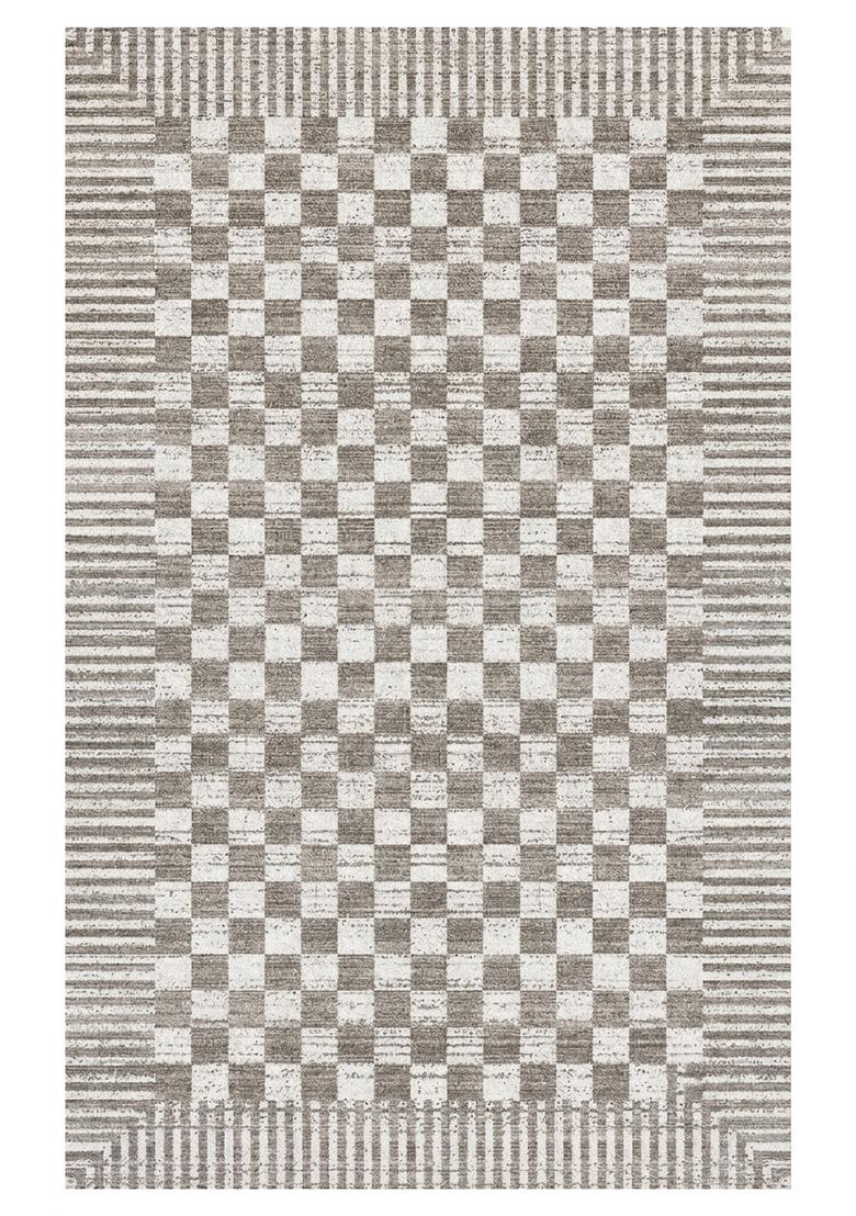 Saffron Rugs Hand Tufted Warm Grey Beige Checkered Contemporary Rectangular Wool Area Rug - Indya