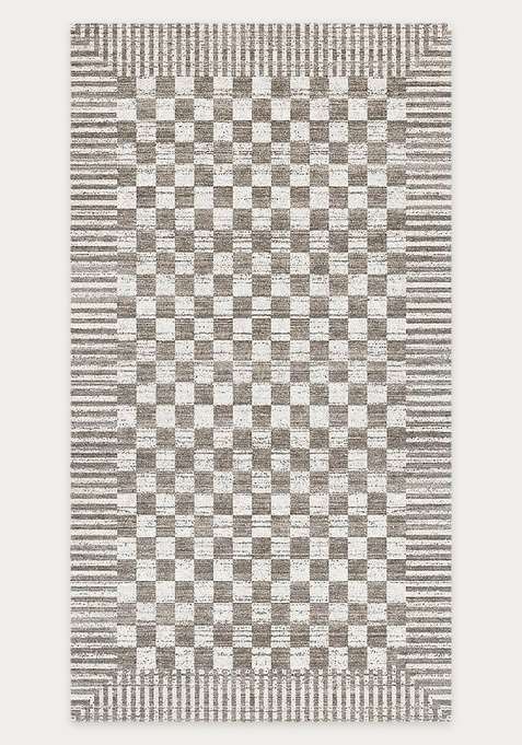 Washable Rugs Wool Blend Area Rug | Warm Grey Beige Contemporary Checkered Non Slip Carpet For Living Room