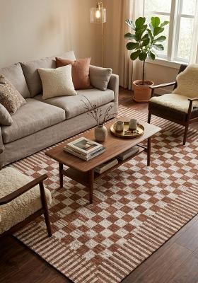 Saffron Rugs Hand Tufted Terracotta Brown Checkered Contemporary Rectangular Wool Area Rug