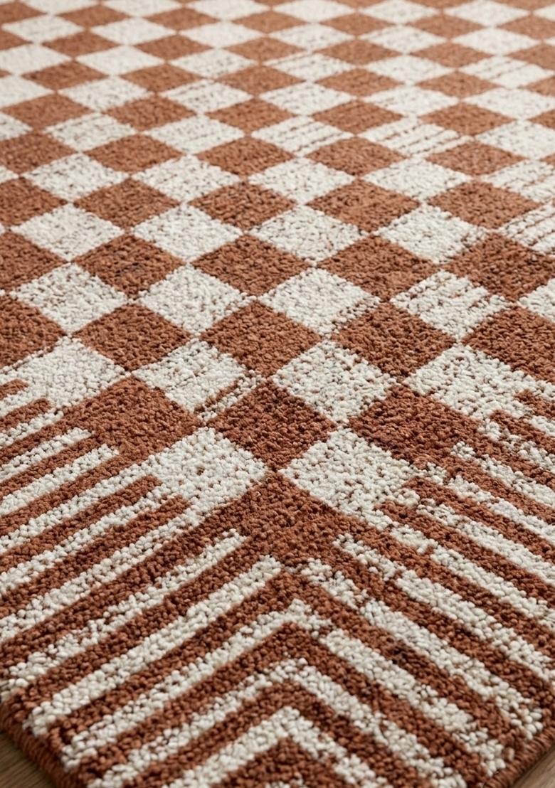 Saffron Rugs Hand Tufted Terracotta Brown Checkered Contemporary Rectangular Wool Area Rug - Indya
