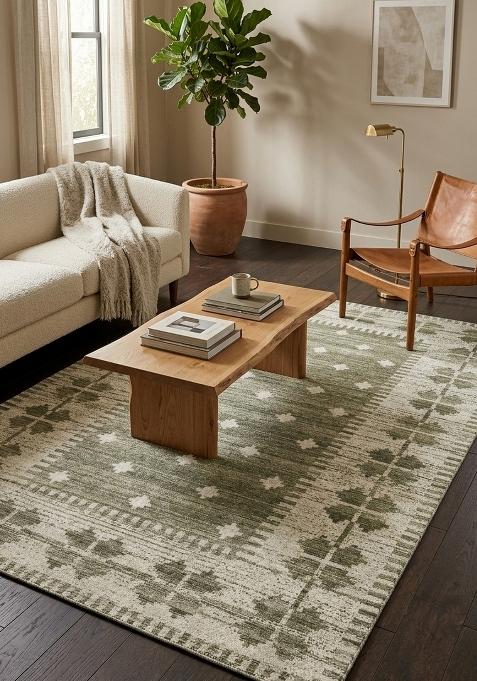 Saffron Rugs Wool Flat Weave TPR Backing Machine Washable Rectangular Rug | Water Repellent Non Slip | Olive Green Moroccan Geometric Carpet for Living Room