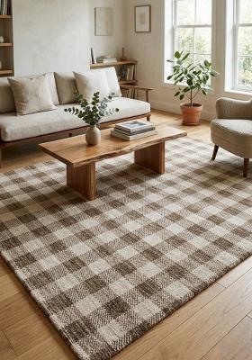 Saffron Rugs Hand Tufted Brown Beige Checkered Farmhouse Rectangular Wool Area Rug